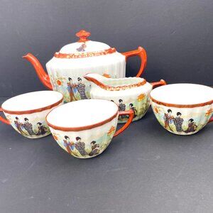 Vintage Japanese Kutani-Style Porcelain Tea Set Geisha Scene, Red Trim, 5 Pieces